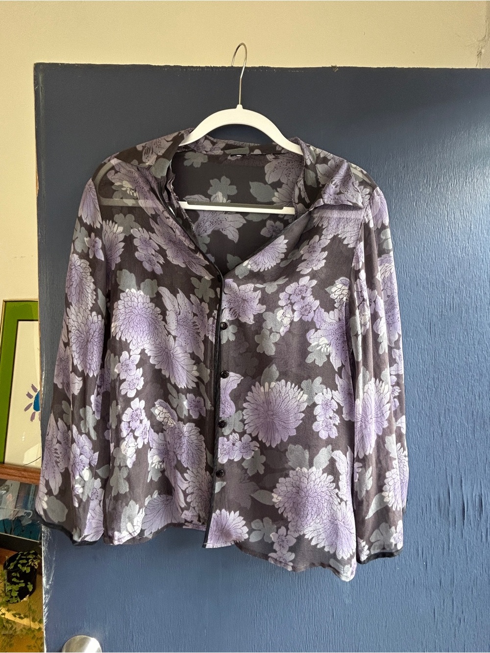 Sheer Silk Button-Up Blouse in Lavender and Gray